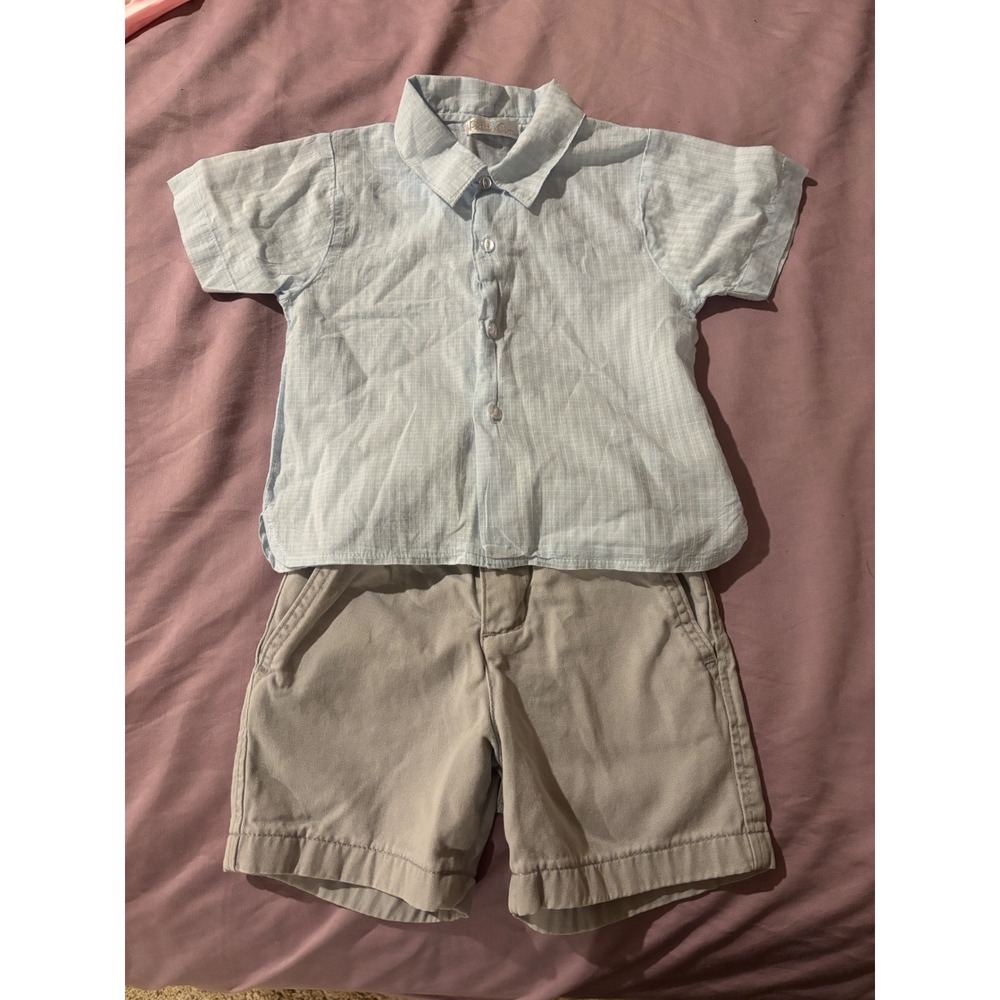 Petit Ami Boys 3T Blue Grid Shirt Hanes Tank and JK Khaki Shorts 3 Piece Set